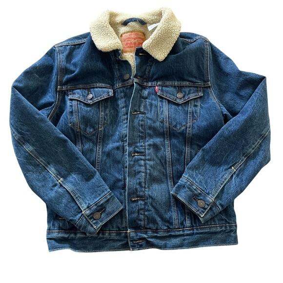 Levi Strauss Mens Retro Blue Denim Sherpa Lined Trucker Jacket Small Button Up - Picture 1 of 12